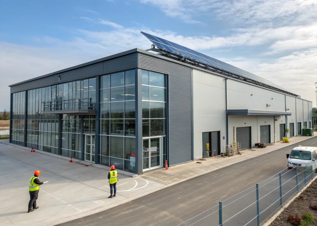 bâtiment industriel durable avec panneaux solaires et maintenance en cours.