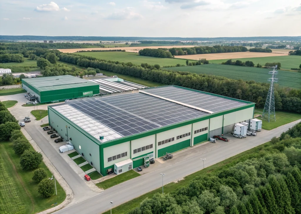 Smart factory durable intégrant des solutions écologiques grâce à la construction connectée.
