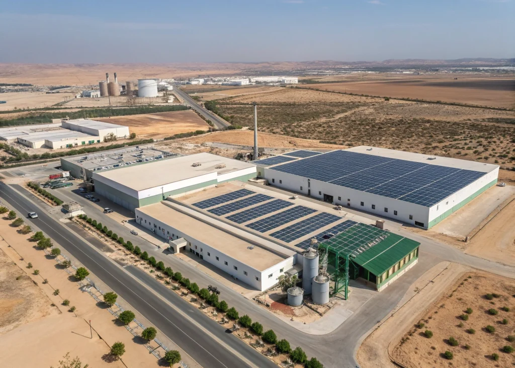 Structure industrielle marocaine avec panneaux solaires et matériaux écologiques.