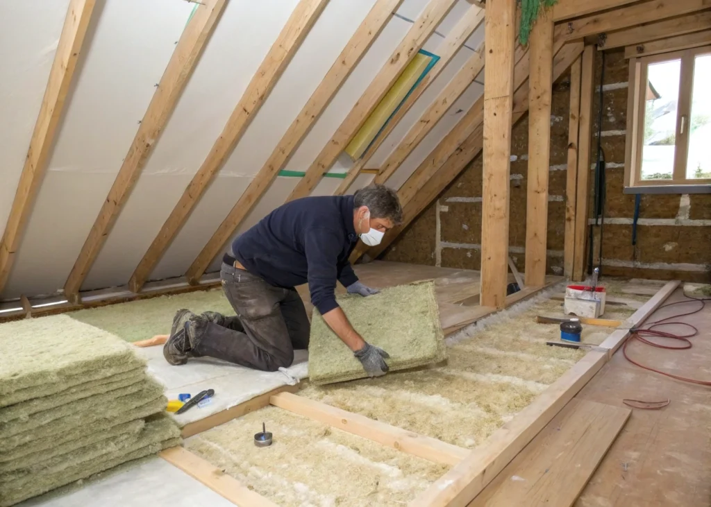 Artisan installant une isolation en chanvre dans des combles d’une maison en rénovation.