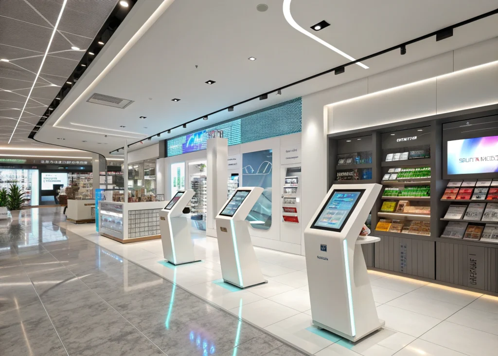 Technologie interactive dans un espace commercial moderne.