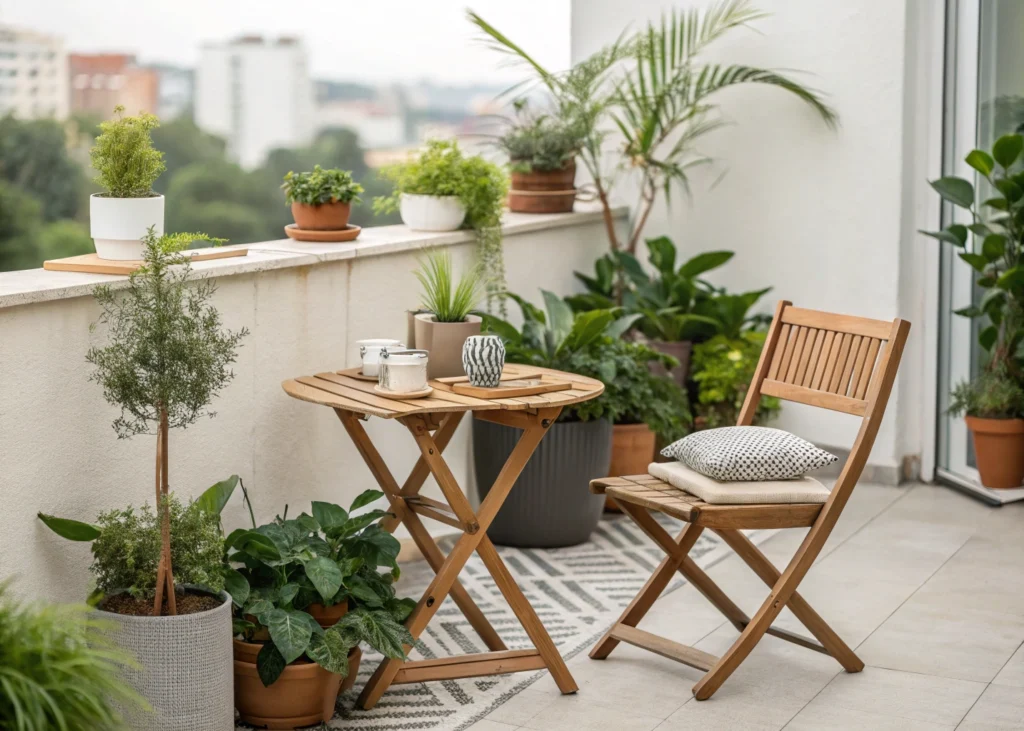 Terrasse entretenue avec verdure et mobilier extérieur en bois.