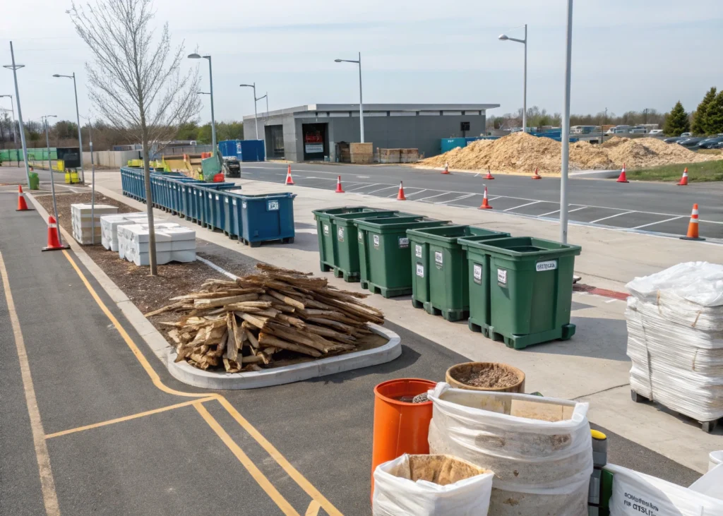 Zone de chantier propre avec bennes de tri sélectif, chutes de bois réutilisées et sacs bien rangés.
