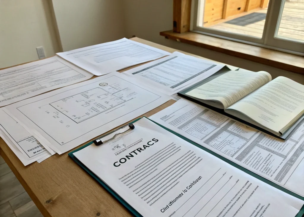 Dossier administratif avec permis de travaux et règlements ouverts.