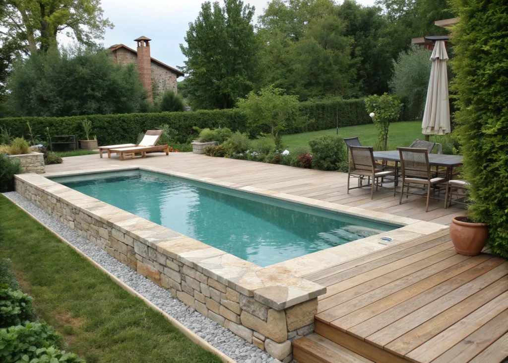 Piscine neuve avec margelles en pierre et terrasse bois.