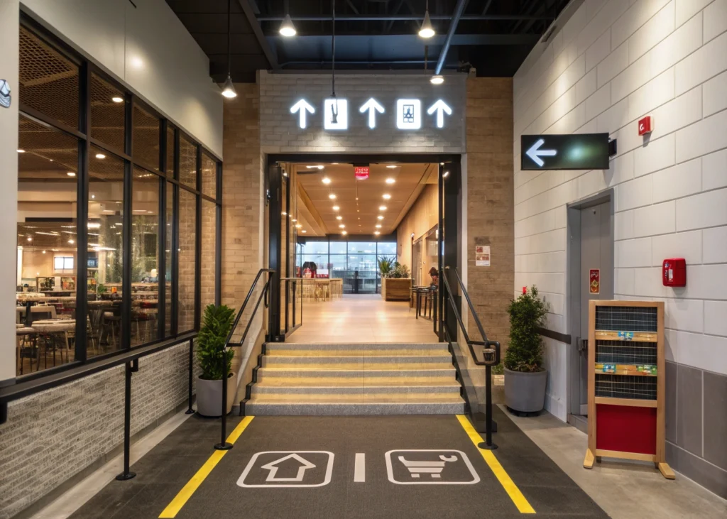 Accessibilité et design inclusif dans un espace commercial.