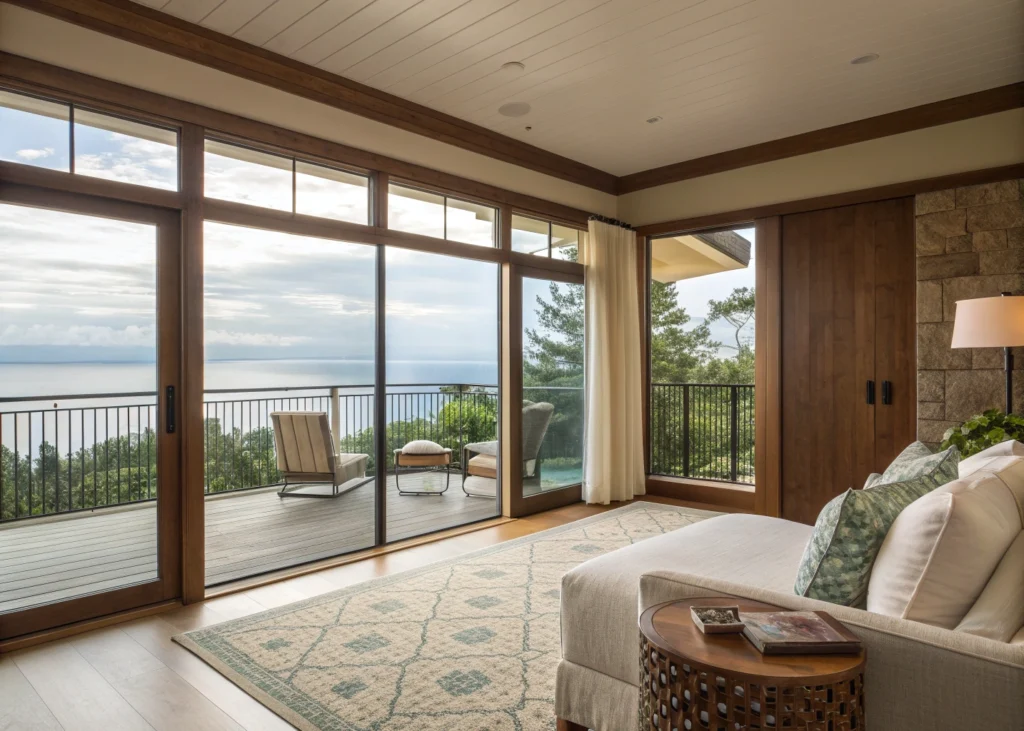 Intérieur mettant en valeur une grande baie vitrée avec vue dégagée.