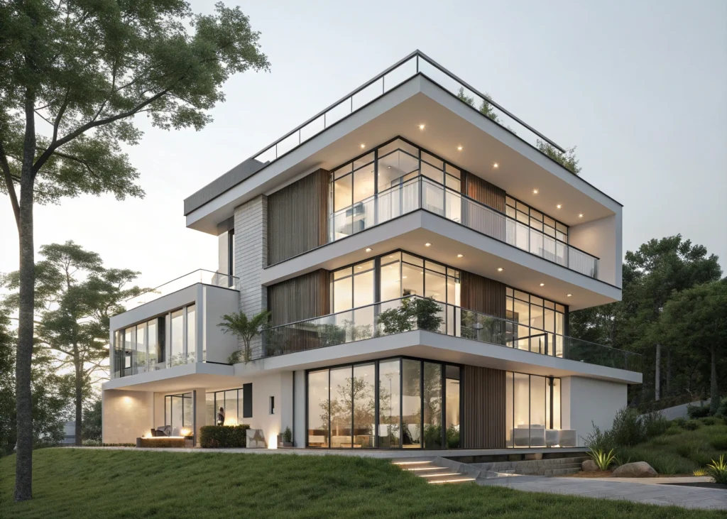 Construction contemporaine respectant l’alignement urbain.