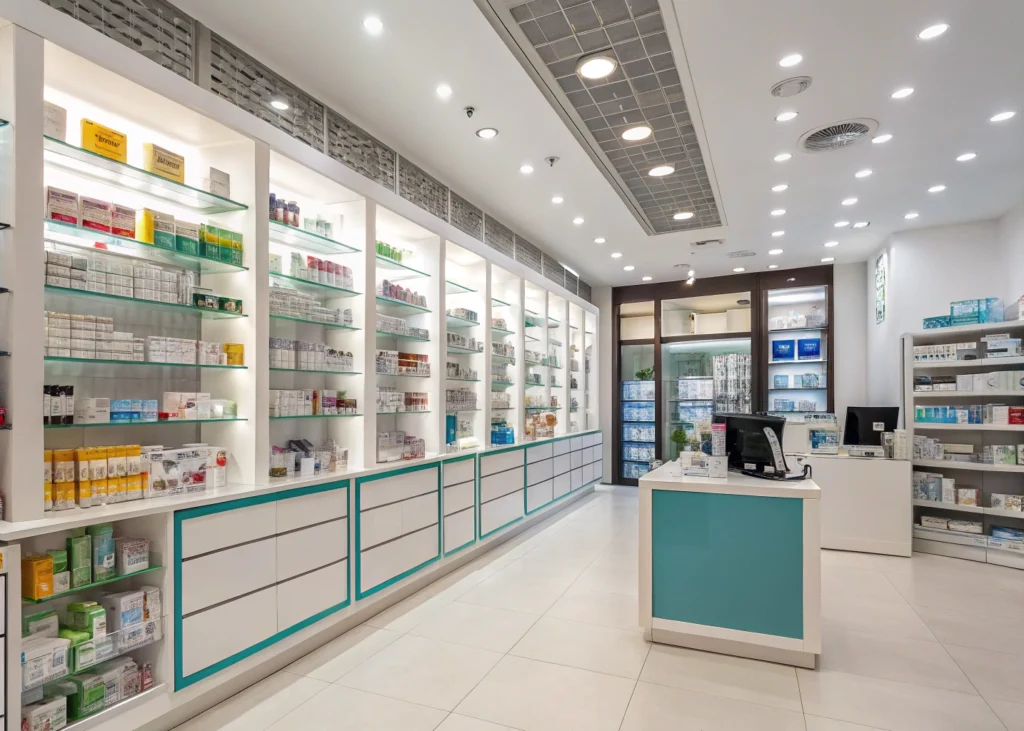 Vue intérieure d’une pharmacie de guarde conforme aux normes.