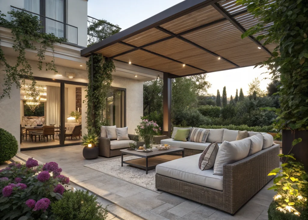 Aménagement extérieur moderne d’une villa avec terrasse conviviale.