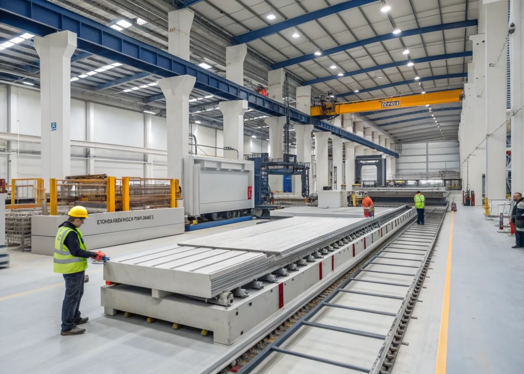 Préfabrication d’éléments de construction industrielle dans une usine.