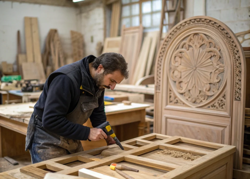 Menuisier agenceur façonnant un meuble en bois dans son atelier.