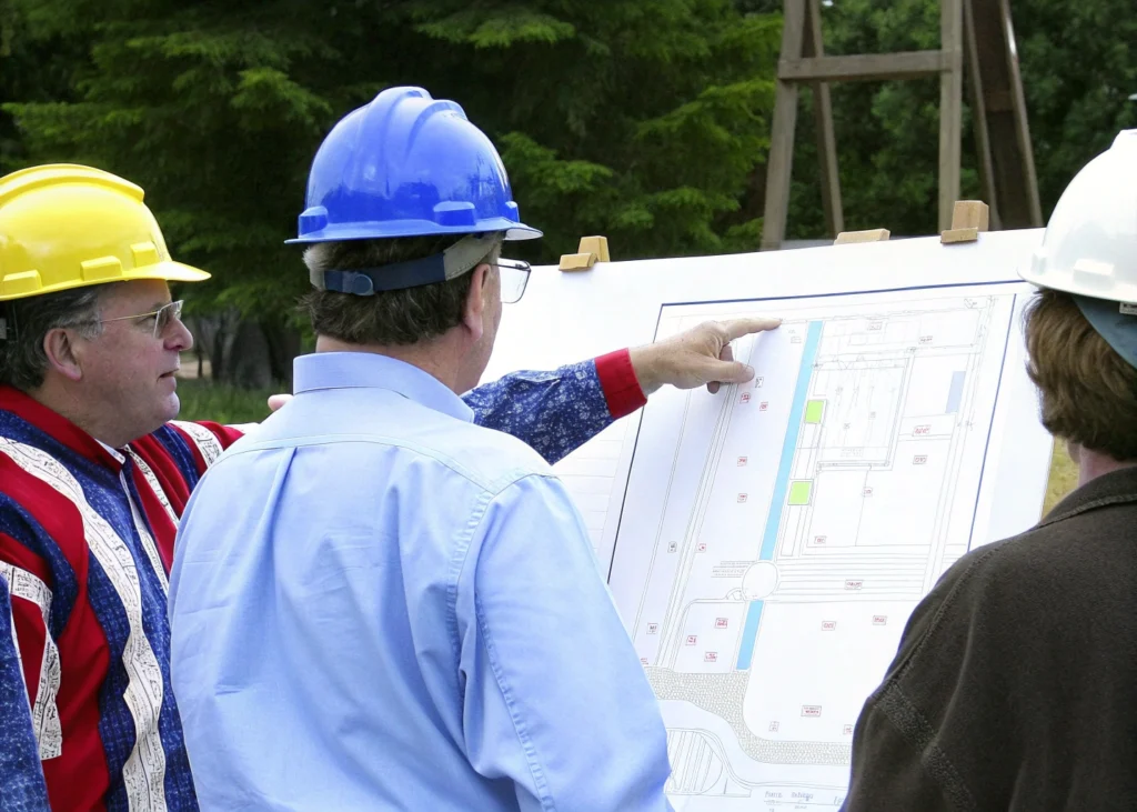 Plan de chantier organisé avec rôles et calendrier affichés.