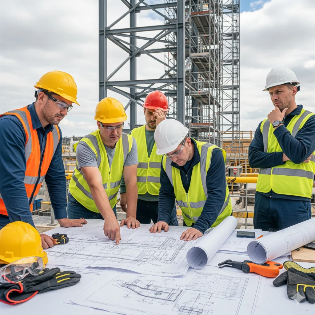 Ouvriers examinant des plans techniques dans un environnement industriel.
