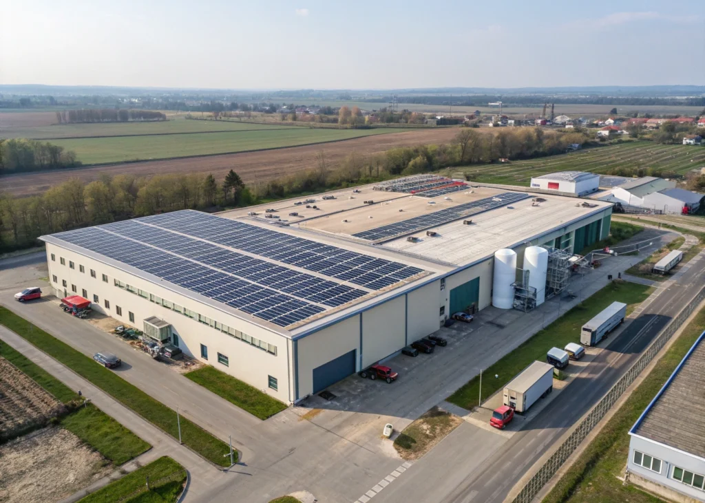 Toiture d’usine avec panneaux solaires installés.