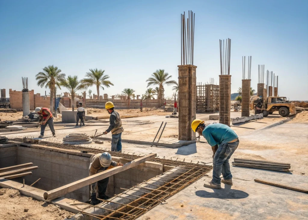 Ouvriers sur un chantier exposé à la canicule.