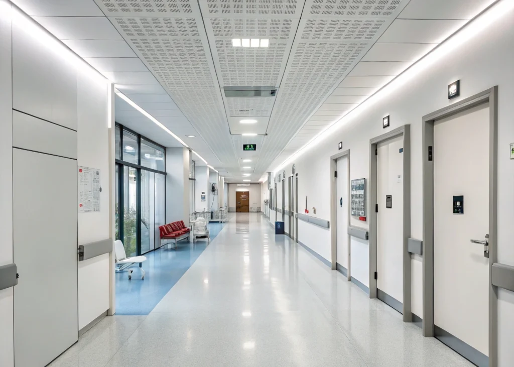 Intérieur d’hôpital conçu pour maintenir l’hygiène et limiter les infections.