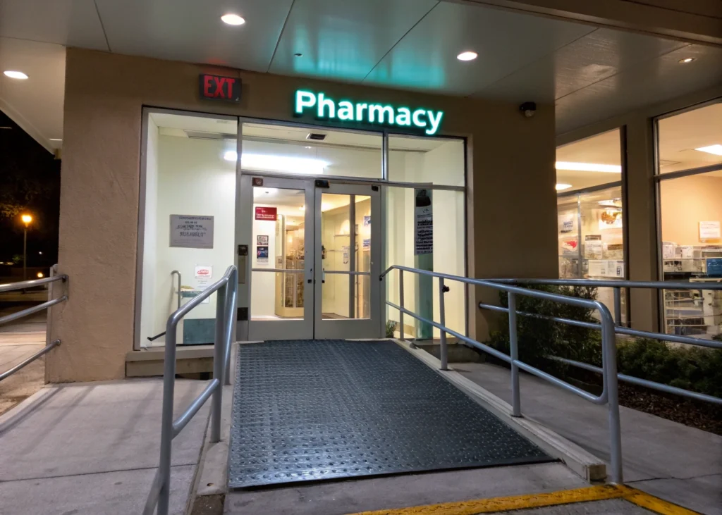 Entrée adaptée d’une pharmacie de guarde au Maroc.