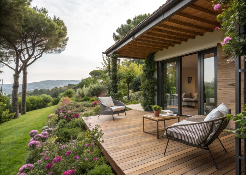 Terrasse aménagée avec mobilier moderne et espace repas extérieur.