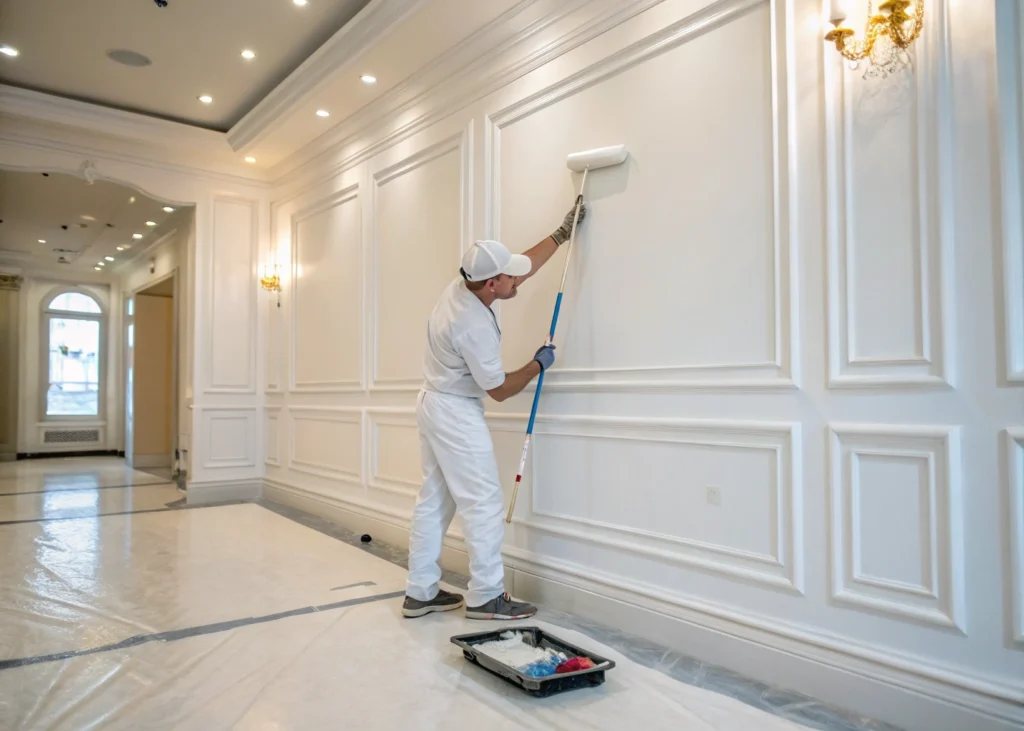 Application de peinture sur un mur préparé.