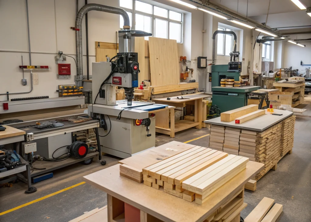 Atelier de menuisier agenceur avec outils traditionnels et modernes.