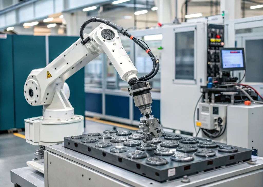 Robot automatisé travaillant sur une ligne de construction industrielle.