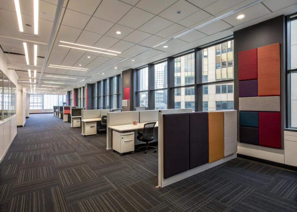 Open space équipé de panneaux muraux et tapis pour améliorer l’acoustique.