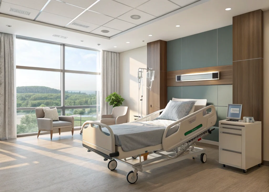 Chambre d’hôpital confortable et bien équipée.