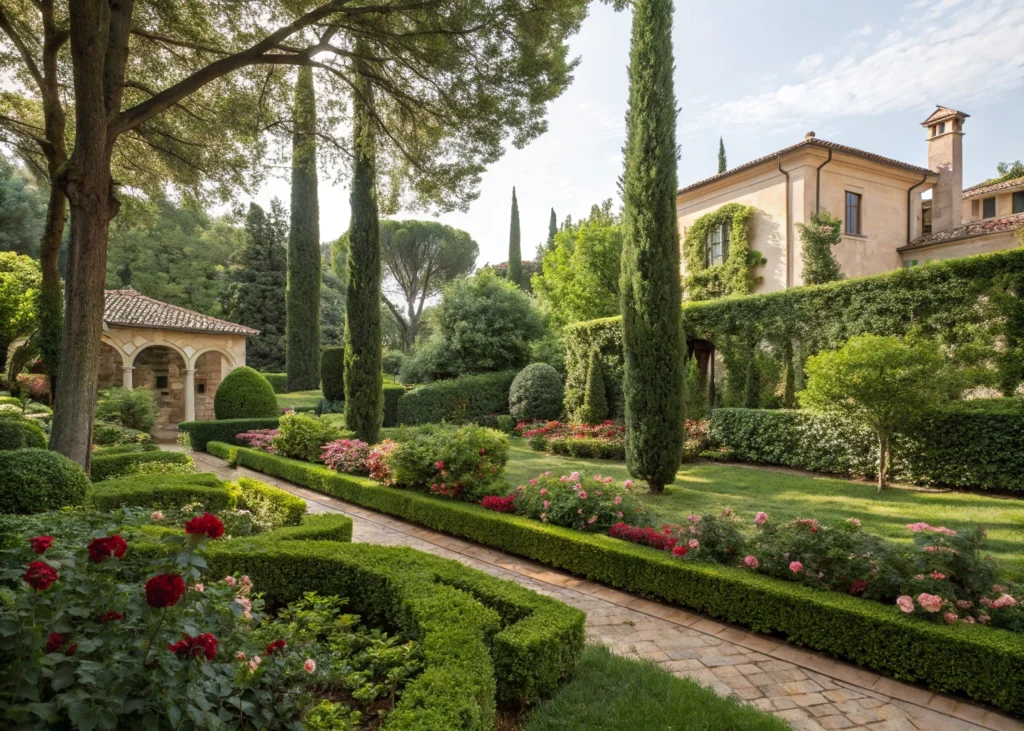 Jardin de villa aménagé avec pelouse, végétation et allée de pierre.
