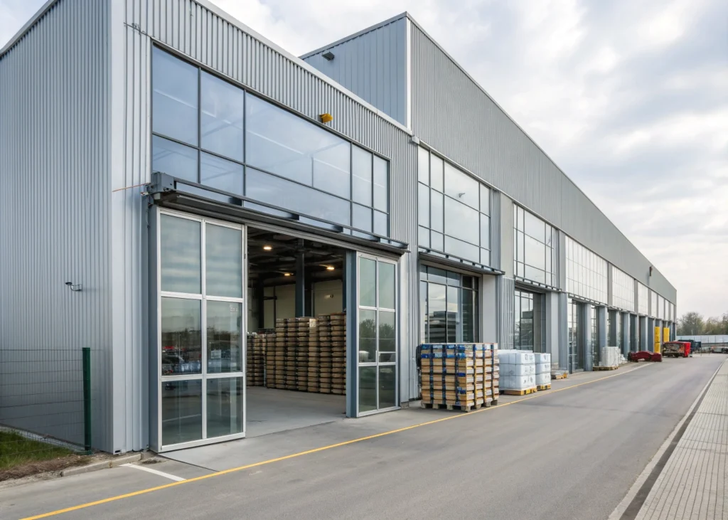 Bâtiment industriel moderne construit grâce à la préfabrication.