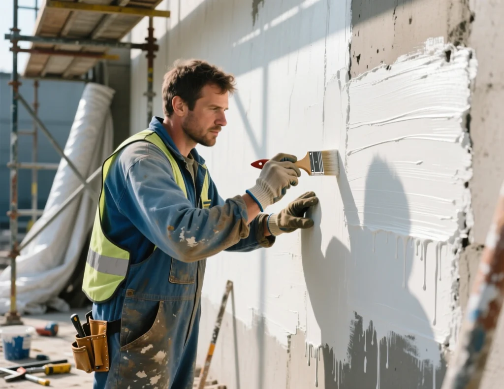 Peintre plâtrier contrôlant la finition d’un mur peint.