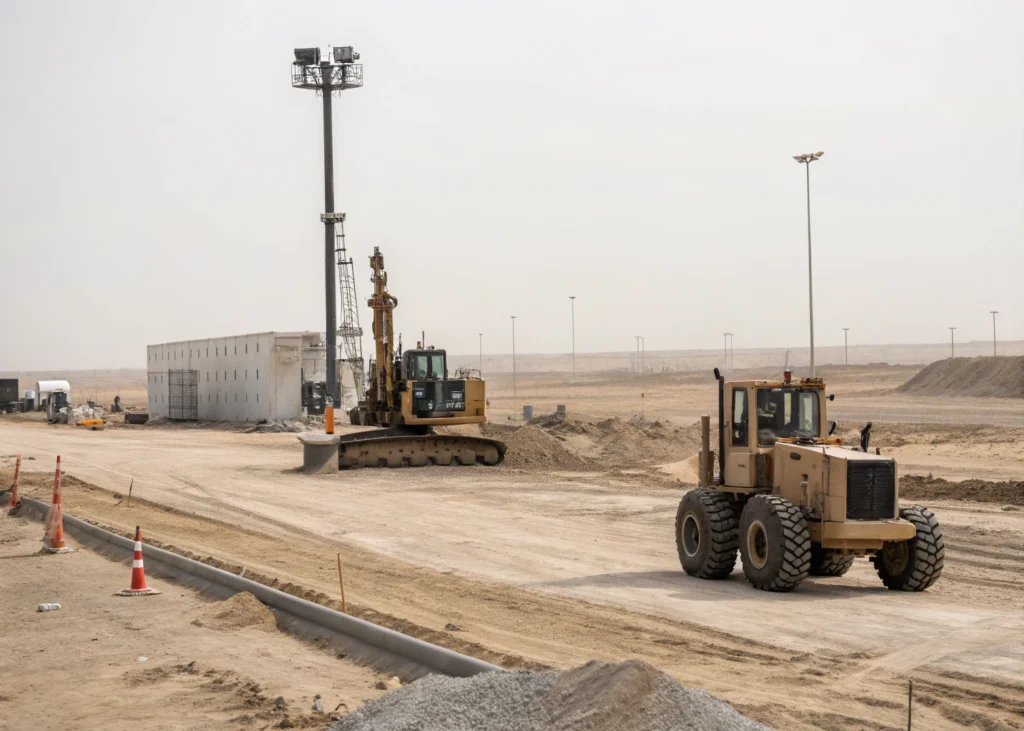 Chantier de construction dans une zone rurale sans infrastructures
