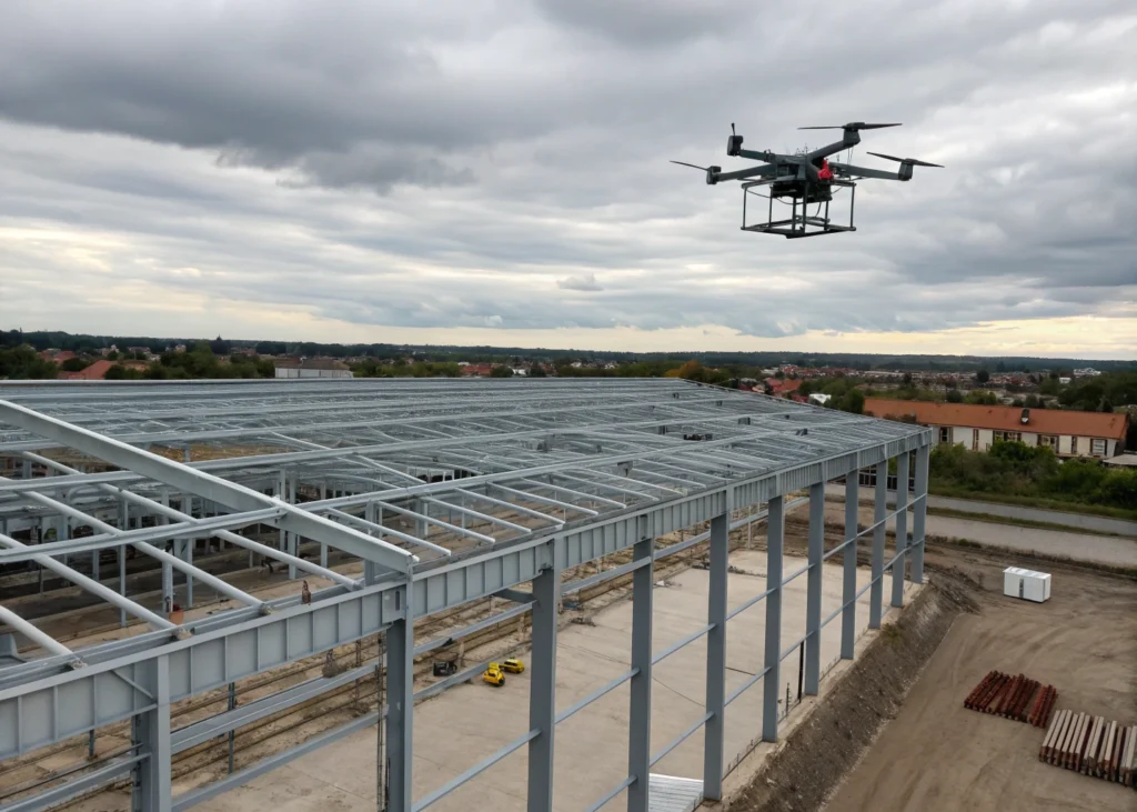 Drone effectuant une inspection d’un site industriel en hauteur.