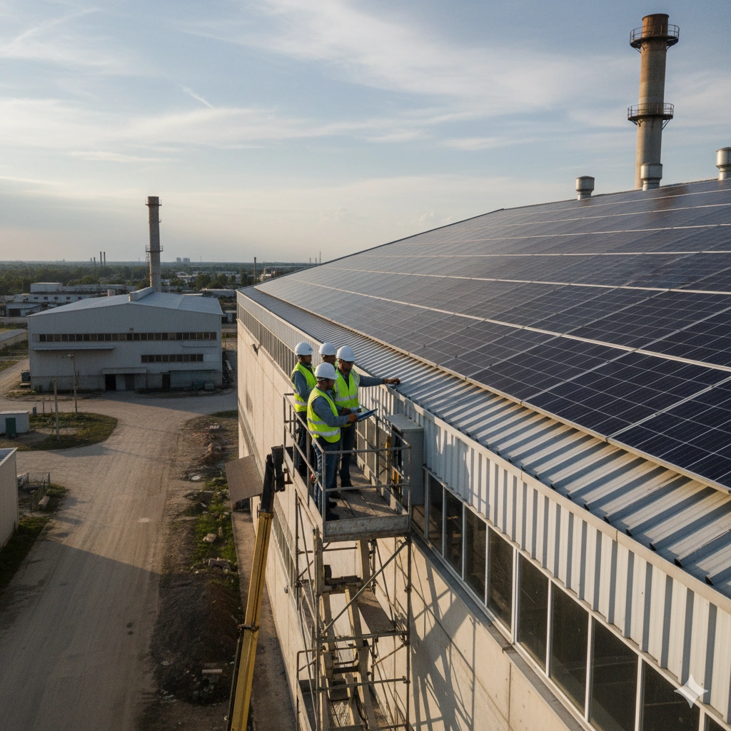 Ingénieurs contrôlant une installation solaire industrielle.