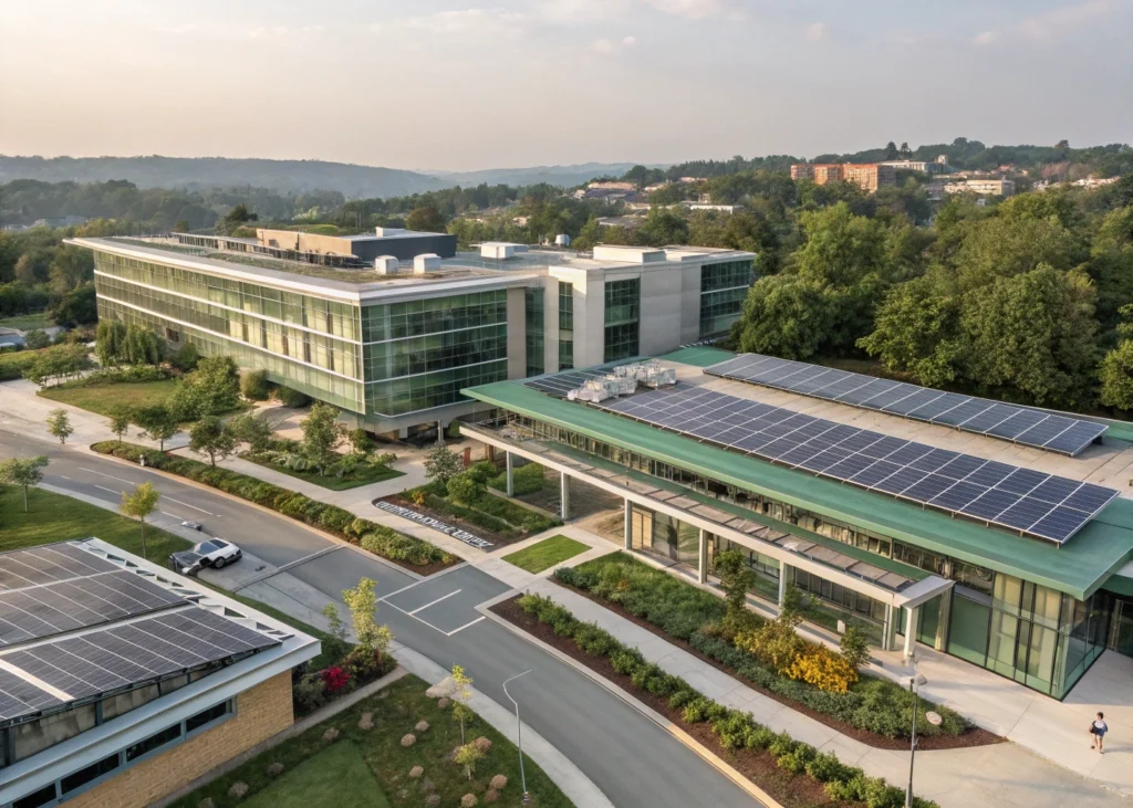 Hôpital durable avec panneaux solaires et jardins extérieurs.