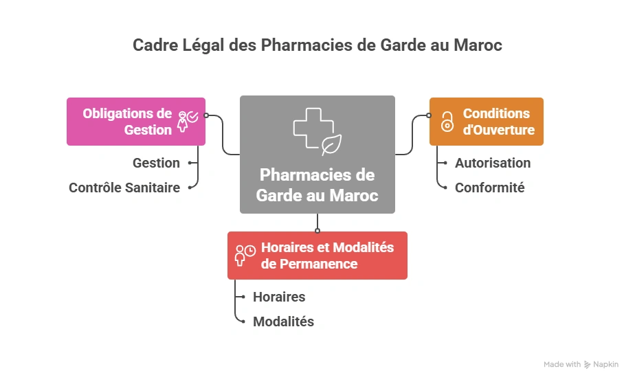 Cadre réglementaire pour pharmacies de guarde au Maroc.