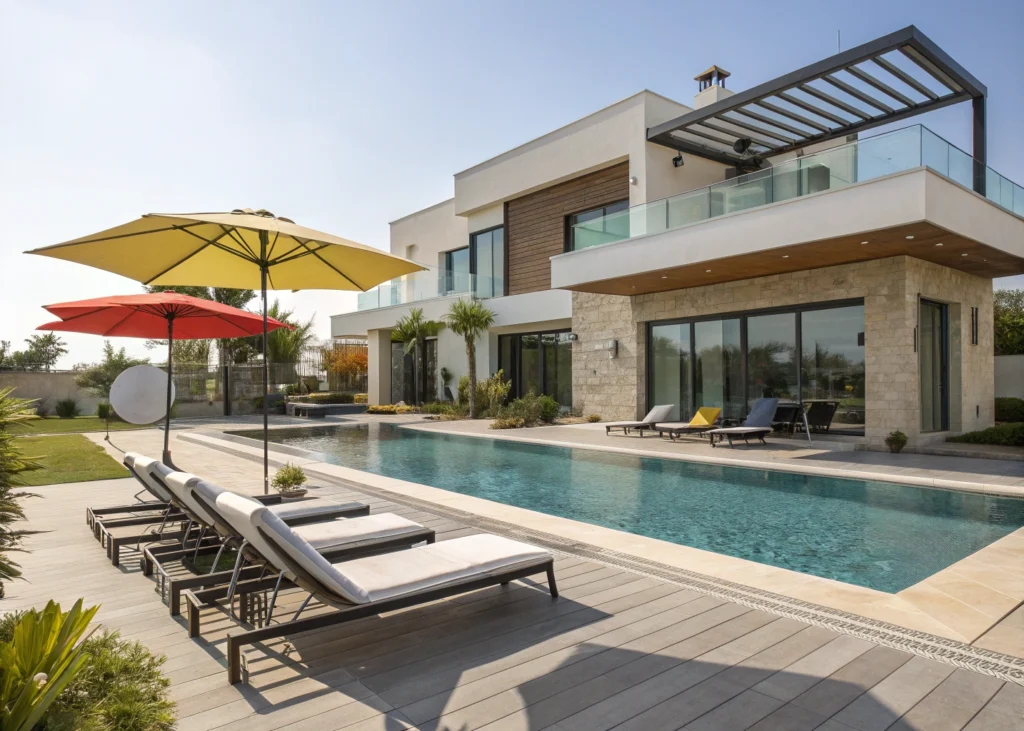 Piscine moderne intégrée dans l’aménagement extérieur d’une villa.