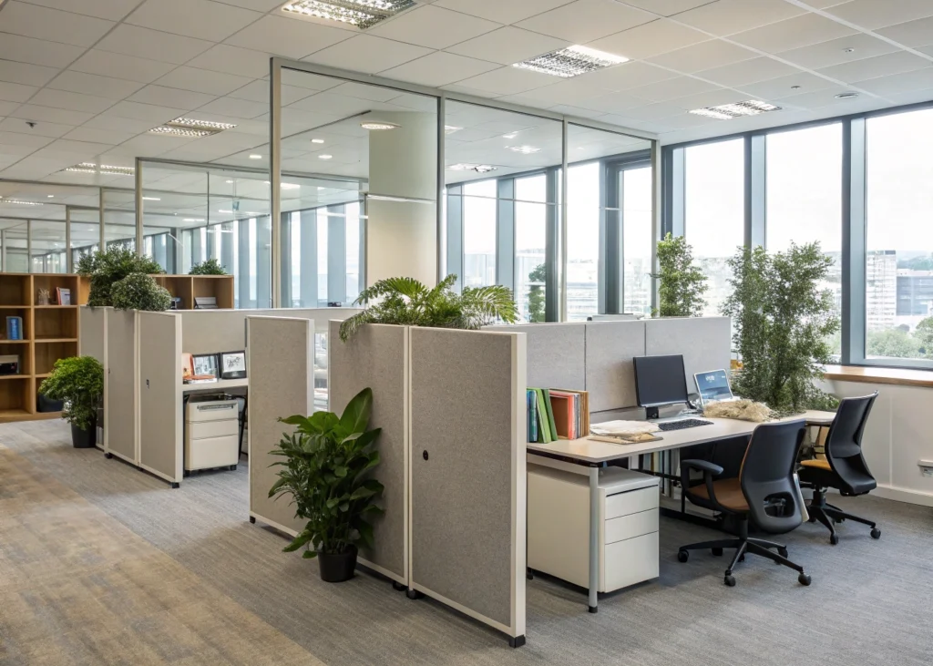 Bureau avec mobilier et plantes utilisés comme isolants acoustiques.