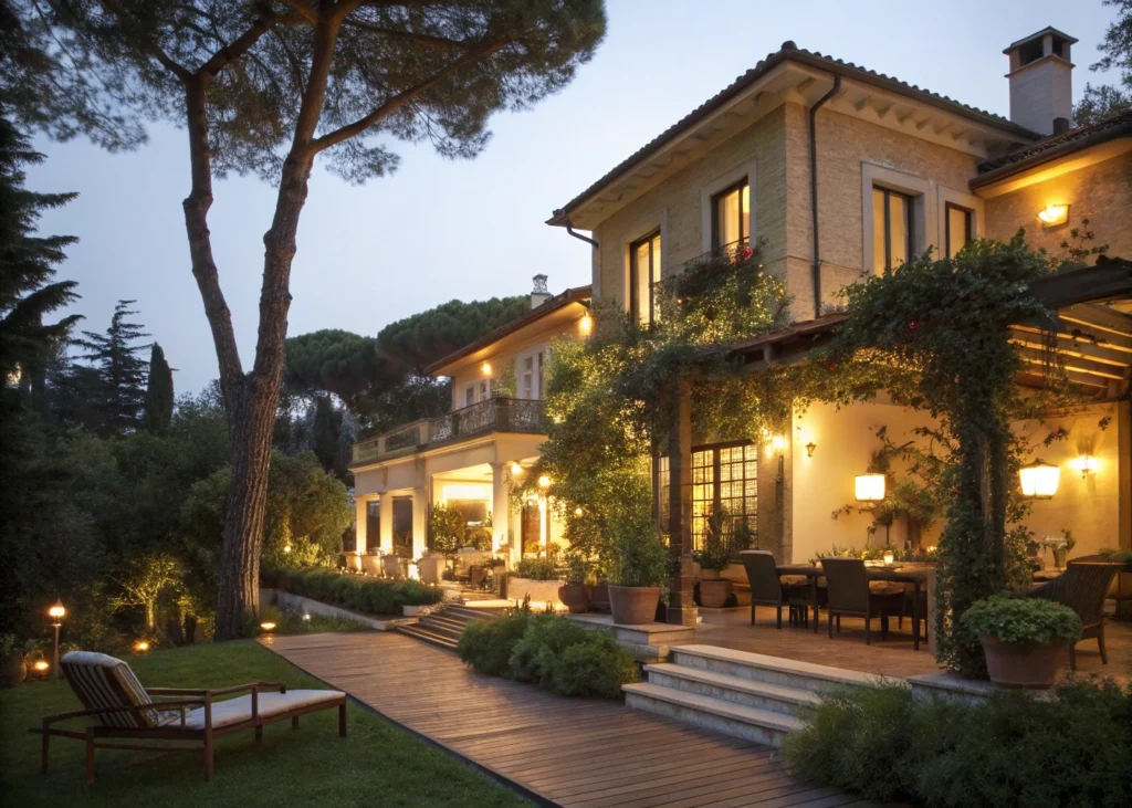 Éclairage nocturne créant une ambiance relaxante autour d’une villa.