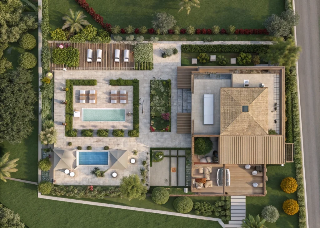Plan d’aménagement extérieur de villa avec terrasse, jardin et piscine.