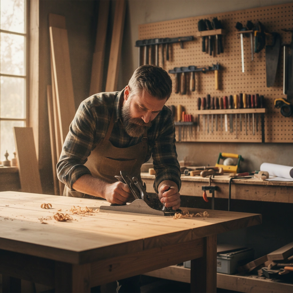 Menuisier agenceur façonnant un meuble en bois dans son atelier.