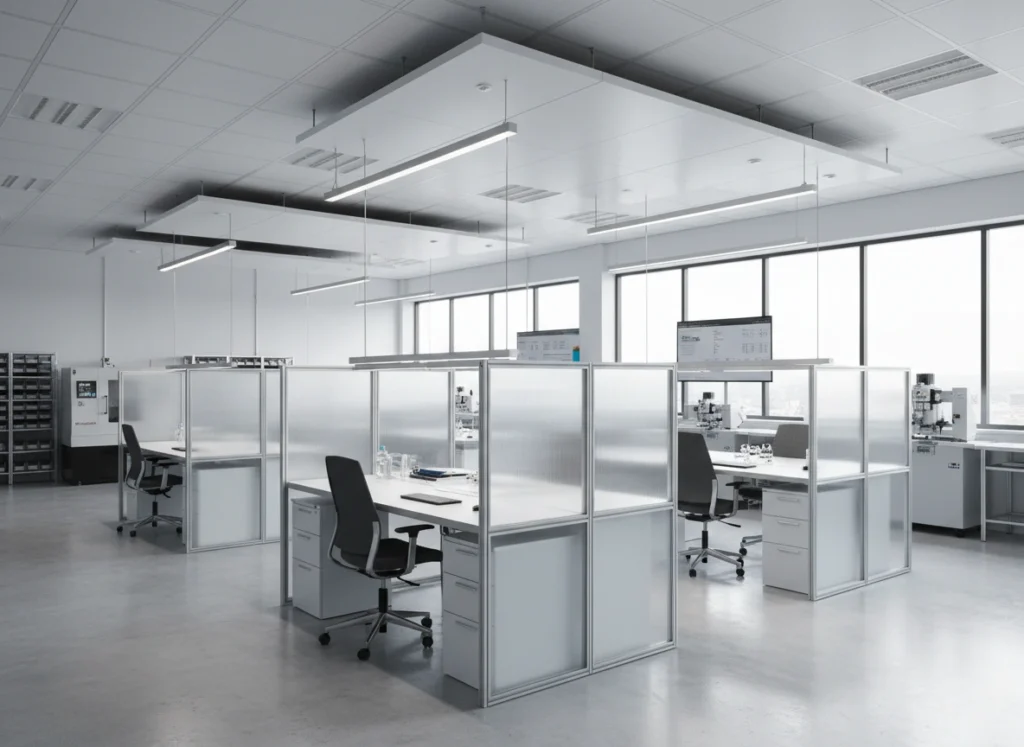 Cloisons modulaires et plafonds suspendus dans un environnement industriel moderne.