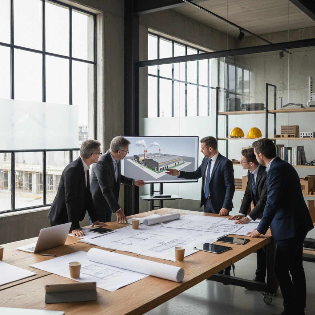 Architectes et ingénieurs discutant de plans de conception d’un bâtiment industriel sur une grande table de travail.