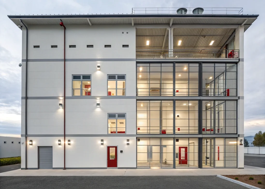 Schéma technique illustrant les normes de sécurité dans un bâtiment administratif