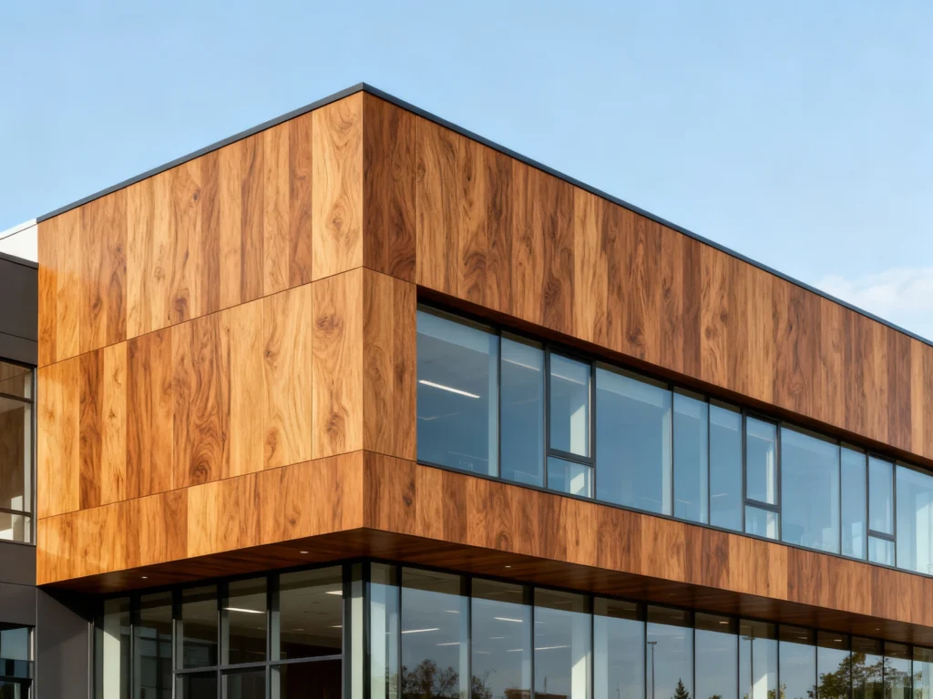 Façade contemporaine en HPL imitant le bois.