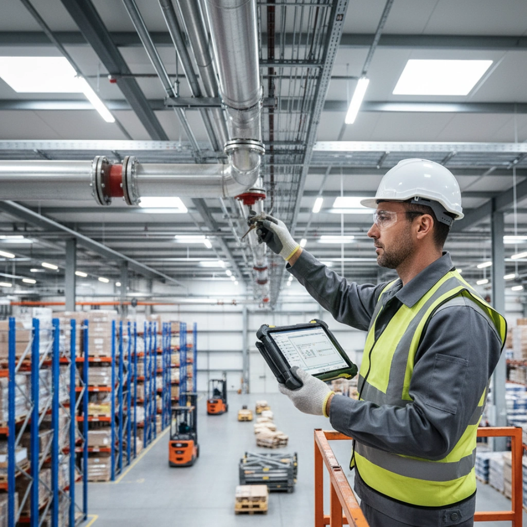Technicien utilisant une tablette pour inspecter les installations d’un entrepôt industriel.