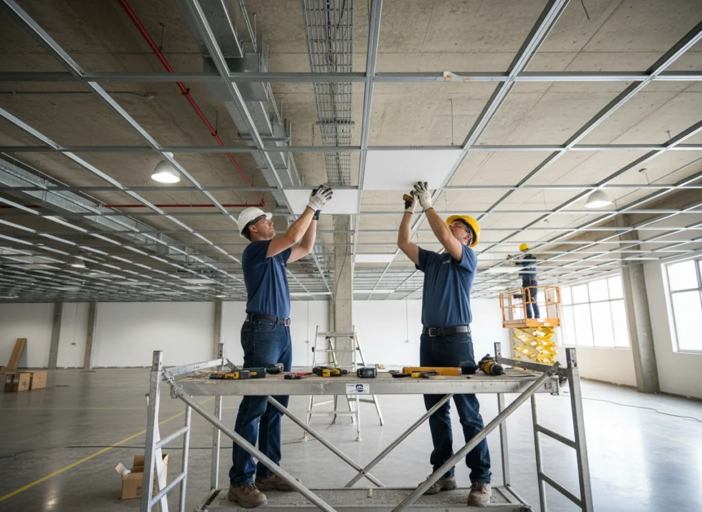 Pose d’un plafond suspendu dans un entrepôt industriel.