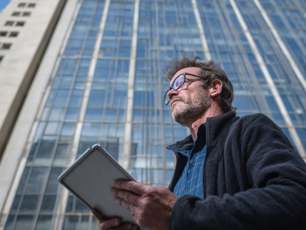 Architecte inspectant une façade HPL dans un projet moderne.
