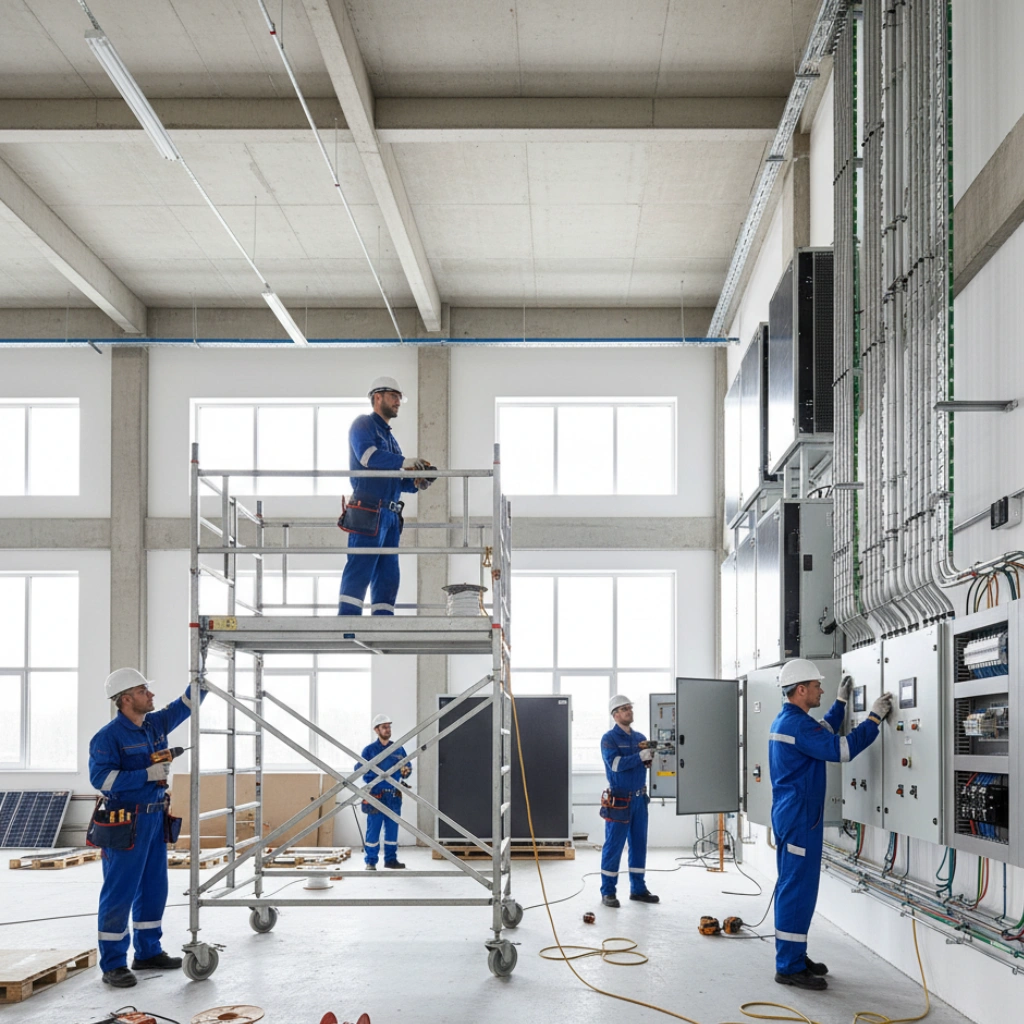 Ouvriers installant de nouveaux systèmes énergétiques dans un bâtiment industriel rénové.