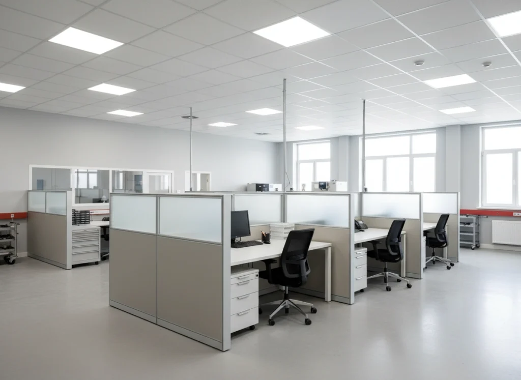 Atelier industriel bien entretenu avec cloisons et plafonds modulaires.